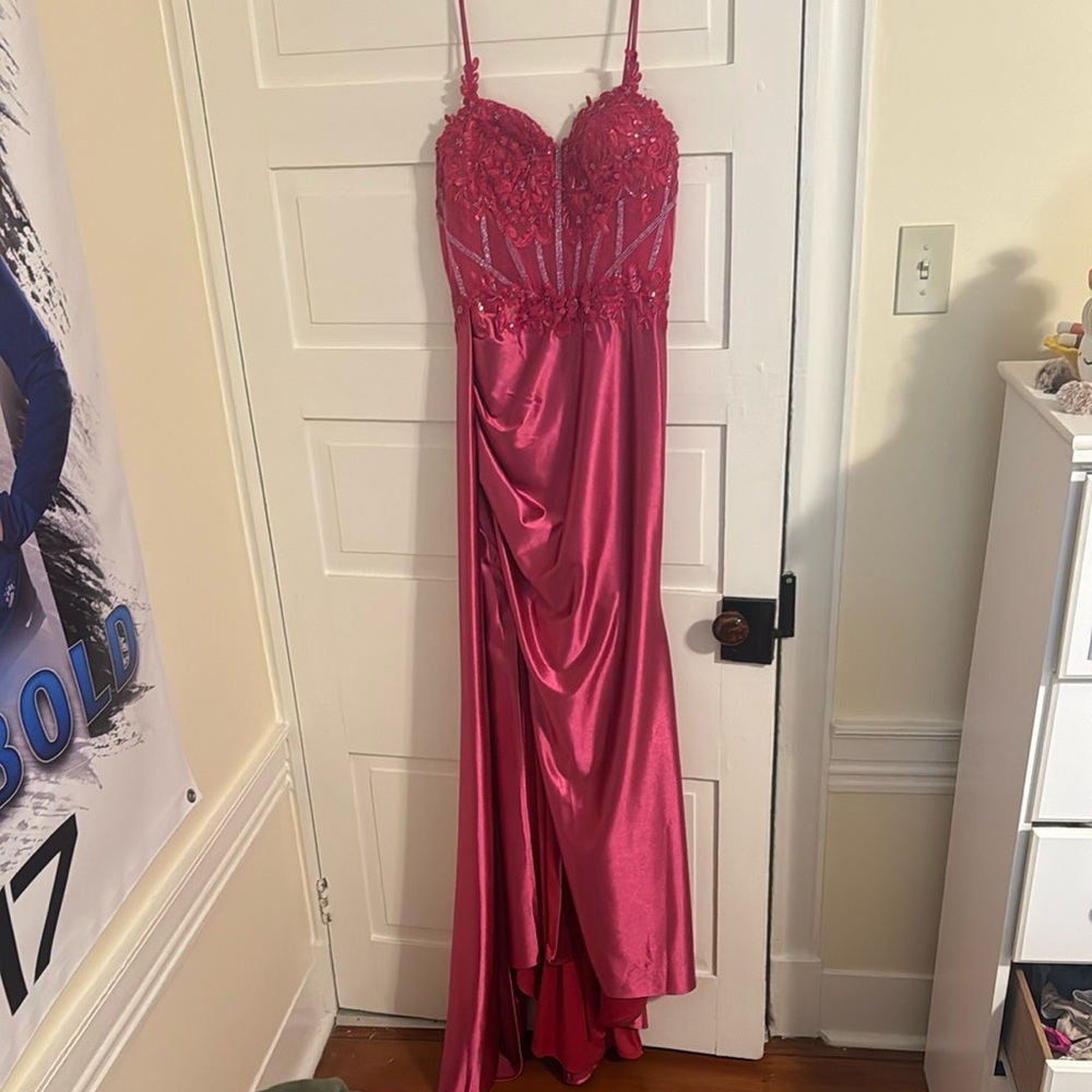 Elegant Pink Prom Gown With Slit and Lace Up Back